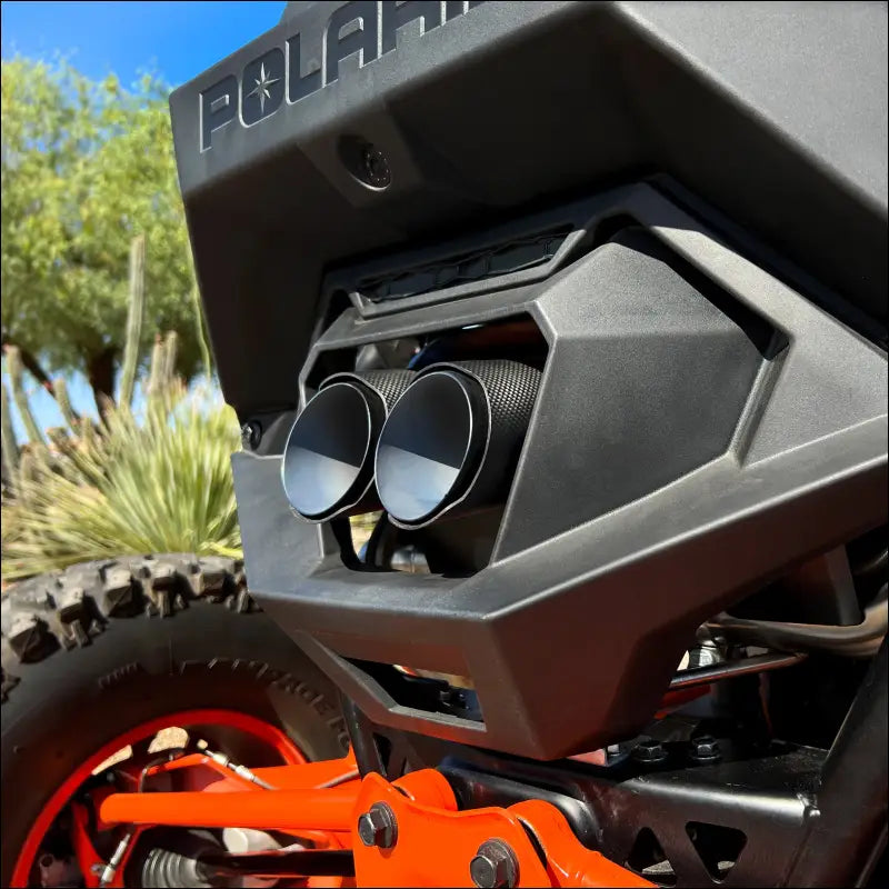 Polaris RZR Pro R Magnum XR Series Twin-Exit Exhaust - Brushed Stainless Finish / Twin Tip / Black Heatshield w/ Lime