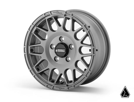 Sticky XT Warrior Tires 35x10x15 on 15x7 Assault Industries Hellfire Matte Titanium Wheels 4/136 Pattern