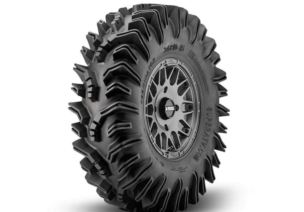 Intimidator Tires 34x10x15 on 15in. Matte Titanium Hellfire Wheels 4/156 Pattern