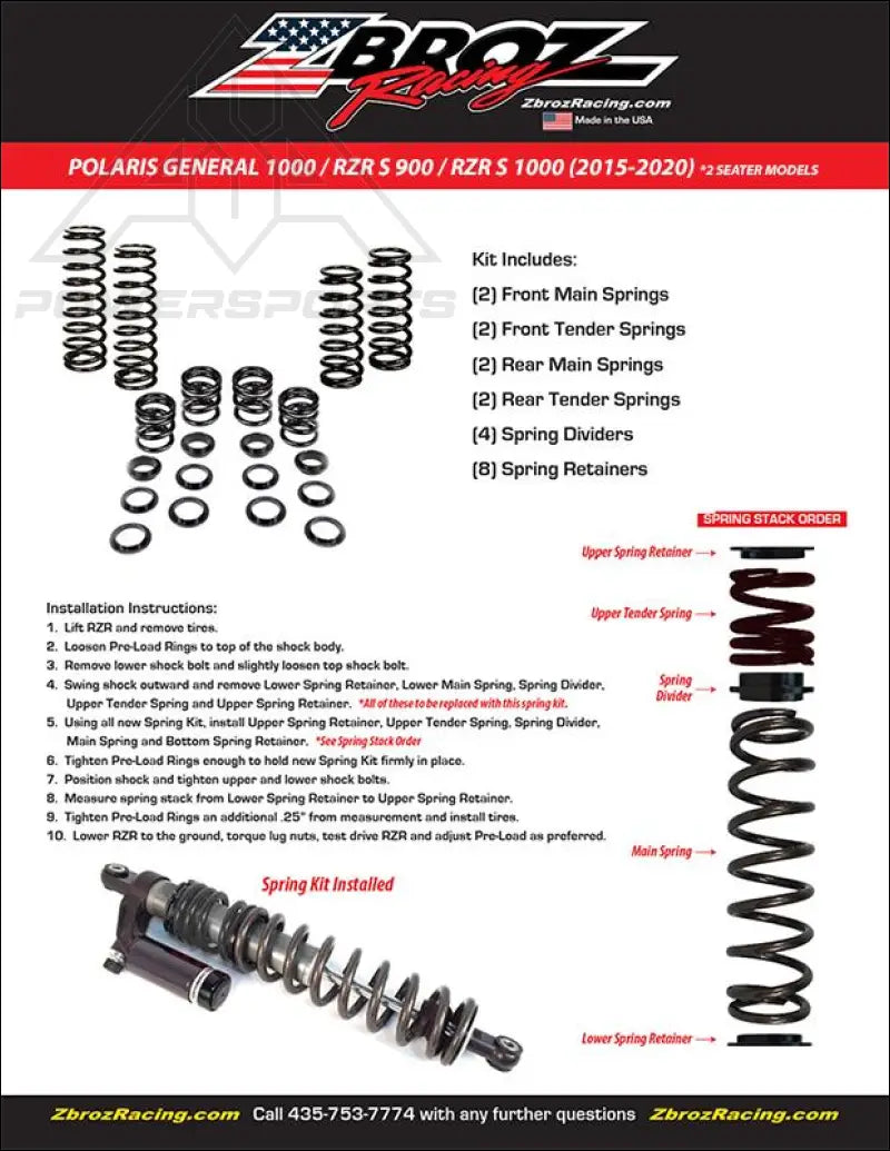 Zbroz Polaris General 1000 RZR S 900/1000 Spring Kit for Fox 2.0 Podium and Walker Evans Shocks 2015-2020 2 Seater
